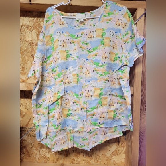 Cynthia Rowley NWOT Colorful Printed Short Sleeve Top 100% Linen Womans Size‎ 2X - Picture 1 of 4